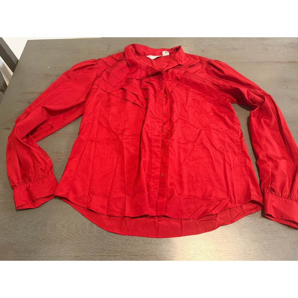 Intuition Vintage Red Ruffle Button Down Blouse Long Sleeve Satin Top Size 16